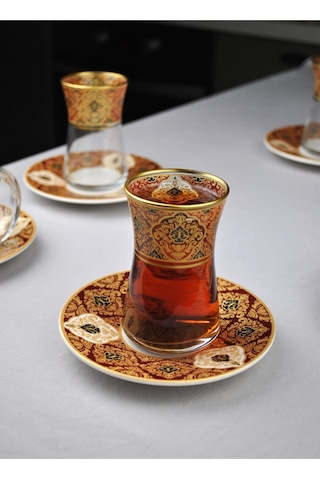 12 Parça 6 Kişilik Lüx Cam Çay Seti Gold Detaylı Altın Renk İşlemeli Lüks Çay Takımı Turuncu