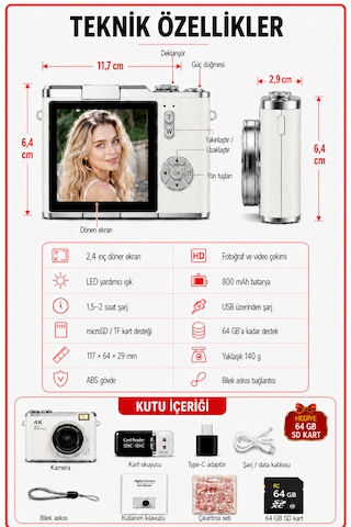 Solvis SOLVİSW Dijital Retro Fotoğraf Makinesi + 64 GB Sd Kart