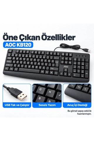 Aoc Kb120 Türkçe Q Usb Kablolu Sessiz Klavye Siyah