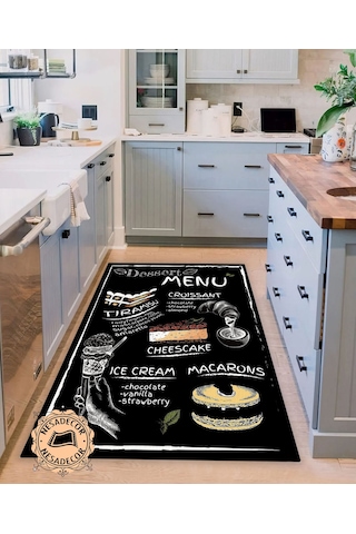 Menu Desenli Dekoratif Halı Makinede Yıkanabilir Yolluk Siyah