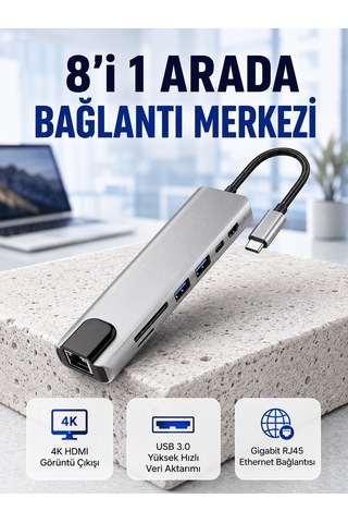 Shnstore Seyahat Dostu 8 İn 1 Hub Şarj & Veri & Video & Ağ İçin Eksiksiz Çözüm Kopya Shntknd0720