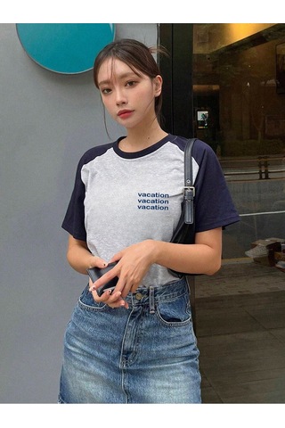 Vocation Parçalı Süprem T-shirt - Gri Lacivert Baskılı Oversize Bisiklet Yaka Kısa Kol Tişört Gri-lacivert