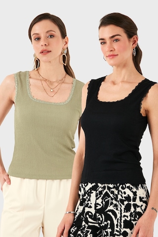 Lela Slim Fit Kalın Dantelli Kare Yaka Bürümcük 2'Li Paket Bayan Atlet 5864979S2 Siyah-Olive