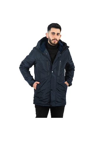 Erkek Polarlı Su Ve Rüzgar Geçirmez Kapüşonlu Kışlık Mont & Kaban & Parka Lacivert