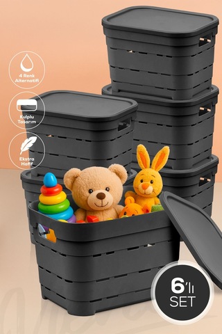6'lı Kapaklı 5 Litre Delikli Saklama Kutusu Antrasit Antrasit