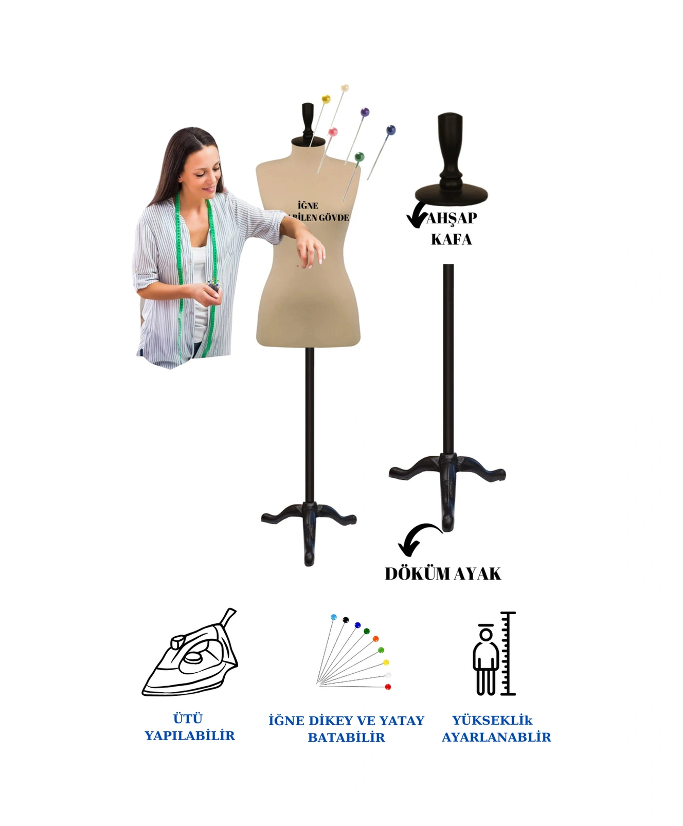 Döküm Ayaklı 44 Beden Sünger Iğne Batabilen Terzi Mankeni Prova Mankeni Po-01 4365