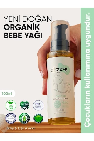 Clooe Organik Bebek Yağı 100 ML Zeytinyağı - Badem Yağı - Jojoba Yağı - Yenidoğan Kullanımına Uygun