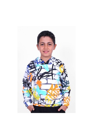 Beyaz Desenli Kapşonlu Unisex Sweatshirt Beyaz