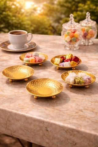 6'lı Gold Metal Ayaklı Çerezlik & Lokumluk - Dövme Desenli Şık Kahve Yanı Sunum Kasesi