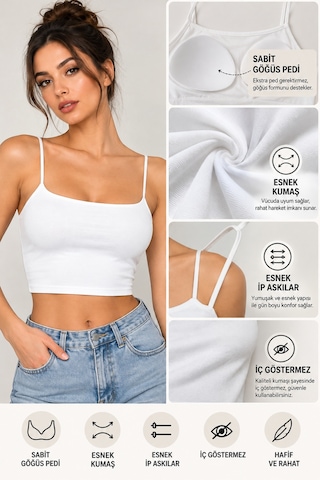 Mrm Pro Göğüs Pedli Kadın Beyaz İp Askılı Crop Atlet Esnek Fit Nakışlı Crop Top Büstiyer Beyaz Beyaz