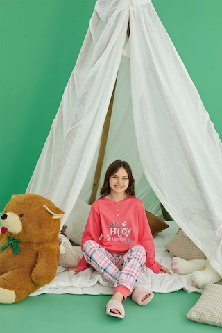 Aydoğan Kız Garson Koza İnterlok Mercan Ekose Pijama Takım 0725 Mercan