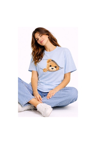 Fermuarlı Ayıcık Baskılı Kadın Tişört Oversize Sevimli Teddy Bear Mavi