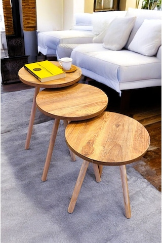 Zigon Sehpa Doğal Ahşap Ayaklı 3 Lü Set Yuvarlak Çam