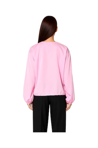 Ersefa Kadın Kareli Crop Bluz V Yaka Bağlama Detaylı Uzun Balon Kol Doku Açık Pembe