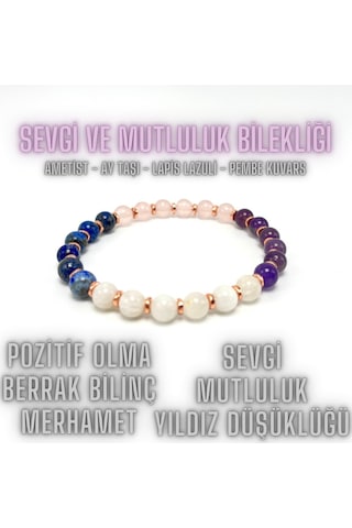 Sertifikalı Sevgi Ve Mutluluk Bilekliği Doğal Taş 6mm Misinalı Ay T. Pembe K. Lapis Ametist Çok Renkli