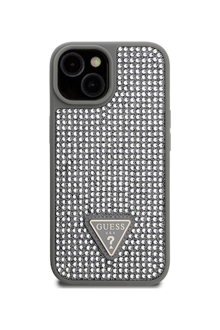 Apple Uyumlu iPhone 14 Kılıf Guess Lisanslı Taşlı Arka Yüzey Üçgen Logolu Kapak Gümüş