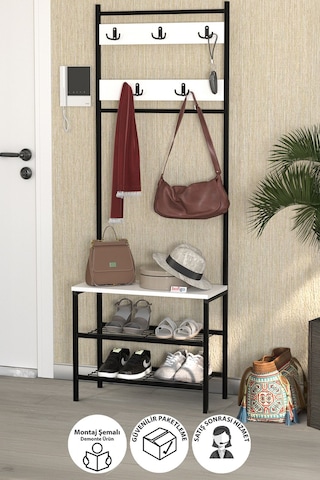 Bofigo 3 Raflı Metal Portmanto Elbise Askılığı Vestiyer Ayakkabılık Samanyolu Beyaz Beyaz