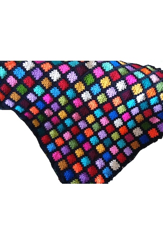 El Örgüsü Etnik Otantik Kare Motifli Siyah Koltuk Şalı 100 Cm X 100 Cm Siyah - Çok Renkli