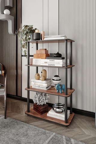 4 Katlı Dekoratif Diktörtgen Kitaplık Ceviz Ceviz