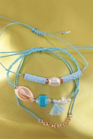 3lü Deniz Kabuğu İncili Boncuklu Püsküllü Asansörlü Lastikli İp Bileklik. Kadın İp Bileklik Halhal Çok Renkli