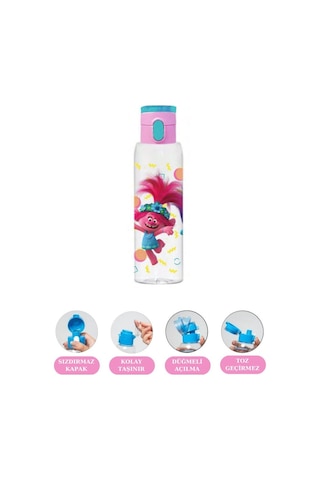 Flosoft Lisanslı Trolls Matara, Trolls Desenli Düğmeli Okul Suluğu, Sızdırmaz Öğrenci Suluk 500Ml