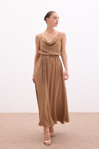 Sateen Kemerli Uzun Etek - Vizon-136083 Vizon