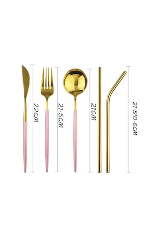 Pembe Altın Seyahat Yemek Takımı Paslanmaz Çelik Taşınabilir Çatal Bıçak Kaşık Çatal Saman Kumaş Paketi Yemek Takımı Piknik Için Pembe & Gümüş