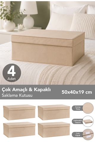 4'lü Organizer Baza Hurç Seti - Çok Amaçlı Kapaklı Saklama Kutusu 50x40x19cm Bej