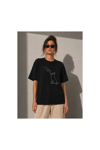 Butik İstanbul Minimal Kedi Çizim Baskılı Tişört Kısa Kol Yazlık T-shirt - Siyah