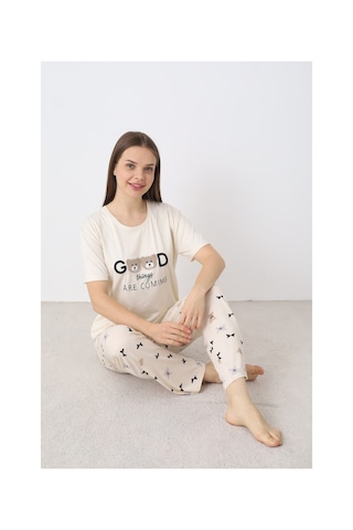 Elitol Nakışlı Milan Örme Kısa Kol Kadın Pijama Takımı Desenli-9