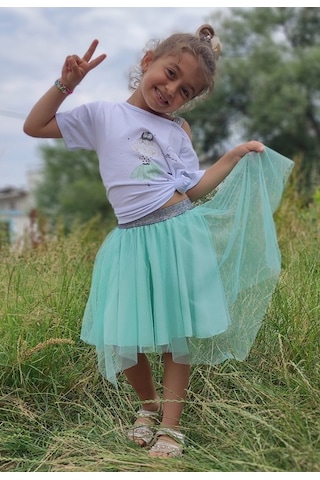 Novy Baby Tüllü Etek Düşük Omuzlu Tshirt Kız Çocuk 2'li Takım - 2-9 Yaş