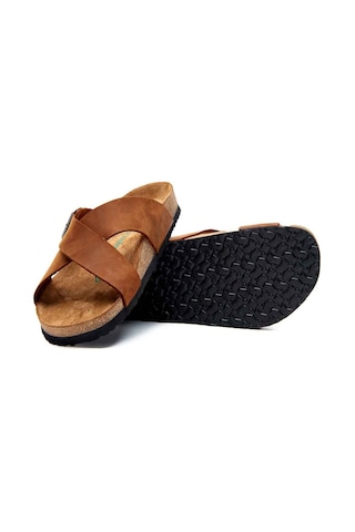 Comfortfusse Cross - Erkek Ortopedik Hakiki Deri Çift Bantlı Terlik Kahverengi Yağlı Deri