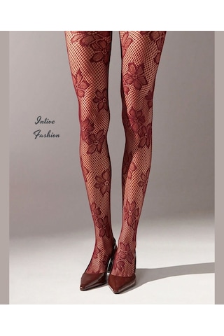 Intive Fashion Jane Büyük Çiçek Desenli File Modern Külotlu Çorap Bordo-siyah Bordo