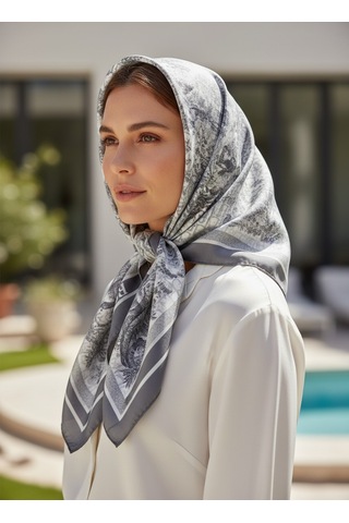 Miorel Scarfs Safari Tema Çift Taraflı Vual İpek Eşarp Silk Scarf Hijab Aksesuar Fular Cd Desen Gri