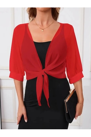 Defymoda Kadın Truvakar Kollu Önden Bağlamalı Kısa Şifon Bolero Ceket Kırmızı