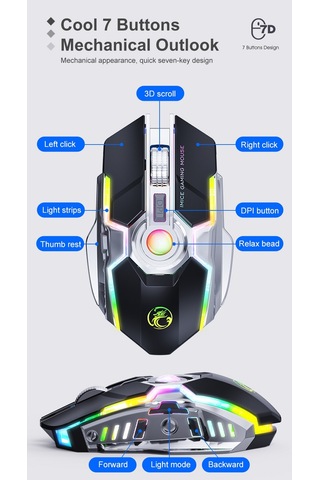 İmıce G7 Renkli Flama Işıkları Şarj Edilebilir Sessiz Kablosuz Fare Siyah Diğer