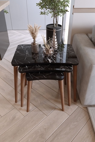 Zuesse Dizayn Reyhan 3lü Zigon Sehpa & Yan Sehpa Ahşap Ayaklı Salon Seti Çay Sehpası - Siyah Mermer