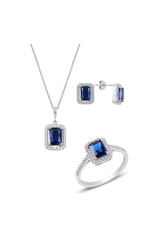 Gümüş Rodyumlu Safir Baget Taşlı Üçlü Set