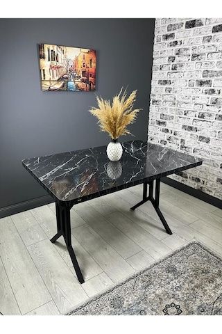 Sultan Siyah Mermer Mutfak Yemek Masası Balkon Masası Kavisli Köşe Metal Siyah Ayak 120 80 Cm