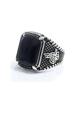 Gümüş Pençe Model Tuğra Desenli Kare Oniks Taşlı Erkek Yüzük