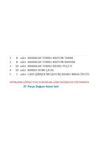 Cars, Arabalar , Şimşek Mcqueen 8 Adet Tabak, 8 Adet Bardak, 10 Peçete, 10 Çatal, Baskılı Masa Örtüsü