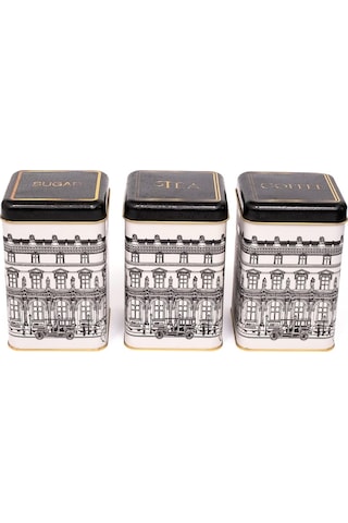 City Desenli Kare Metal Saklama Kabı 3 Lü Set, 10.5 X 10.5 X 16 Cm Çok Renkli