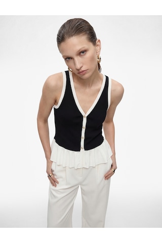 Koton Renk Kontrastlı Krep Scuba Kumaş Kolsuz Düğmeli V Yaka Fırfırlı Peplum Bluz Siyah 6sak70013uk