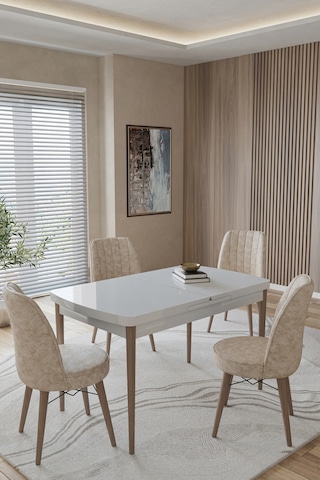 Toce Home Helmo Serisi 80x130 Açılır Masa Yemek Odası Takımı, Mutfak Takımı 4 Adet Sandalye Bej