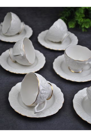 6'lı Porselen Yaldızlı Sade Kahve Fincanı Kabartma Türk Kahvesi F