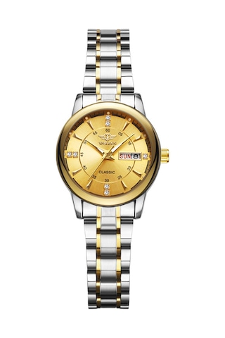 Yashıdun 5063 Çelik Kayış Şık Çift Kuvars İzle Aydınlık Takvim Bilek Saati - Altın Kadran / Gümüş+altın Kayış / Kadın