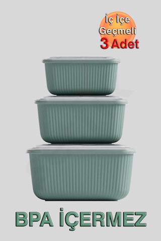 İç İçe Geçmeli Snaplid Dikdörtgen Saklama Kabı 600 - 1100 - 1800 Ml Üçlü Set Yeşil