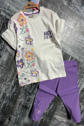 Yeni Sezon Çiçek Desenli Lila Renk Kapri Taytlı Kız Çocuk Takım Lila
