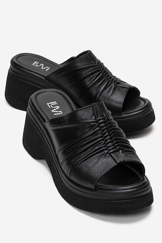 Luvishoes Nellıe Siyah Hakiki Deri Kadın Dolgu Tabanlı Terlik