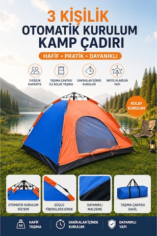 3 Kişilik Otomatik Açılır Kamp Çadırı 200x150x125 -3f062e10